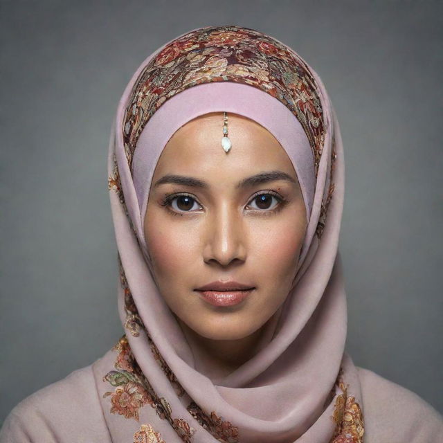 A portrait of an Indonesian woman, gracefully adorned in a hijab, showcasing the beauty of Indonesian culture