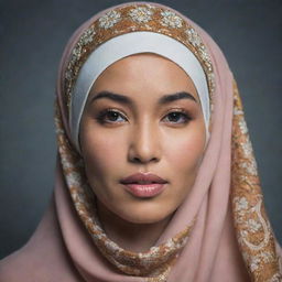 A portrait of an Indonesian woman, gracefully adorned in a hijab, showcasing the beauty of Indonesian culture