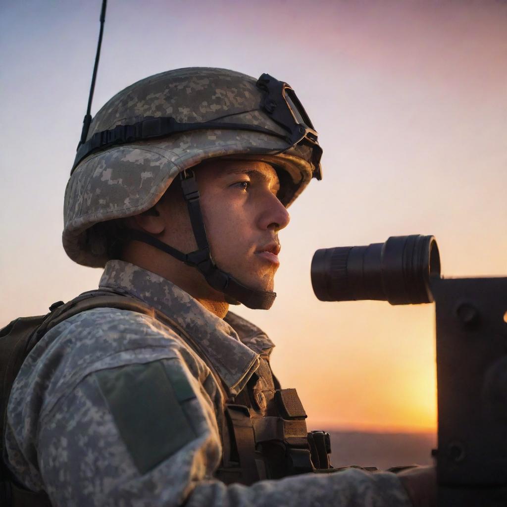 A focused soldier in uniform manning a large turret against a vibrant sunset backdrop.