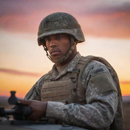 A focused soldier in uniform manning a large turret against a vibrant sunset backdrop.