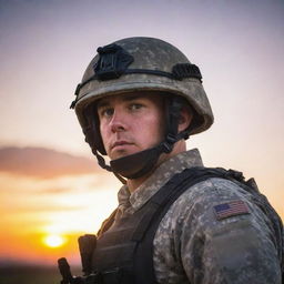 A focused soldier in uniform manning a large turret against a vibrant sunset backdrop.