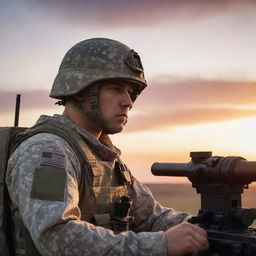 A focused soldier in uniform manning a large turret against a vibrant sunset backdrop.