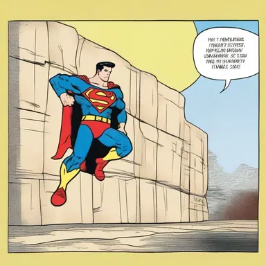 In the comic strip, the superhero encounters an obstacle in the form of a giant wall, but with his super strength, he easily overcomes it.