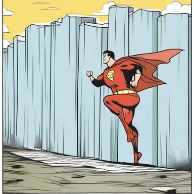 In the comic strip, the superhero encounters an obstacle in the form of a giant wall, but with his super strength, he easily overcomes it.