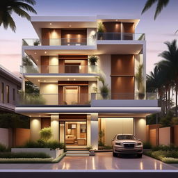 Design the exterior of a home with ground plus two floors, each floor 1200 sq ft with a 600 sq ft balcony, and a smaller third-floor build-up area of 600 sq ft, for a total area of 1800 sq ft.