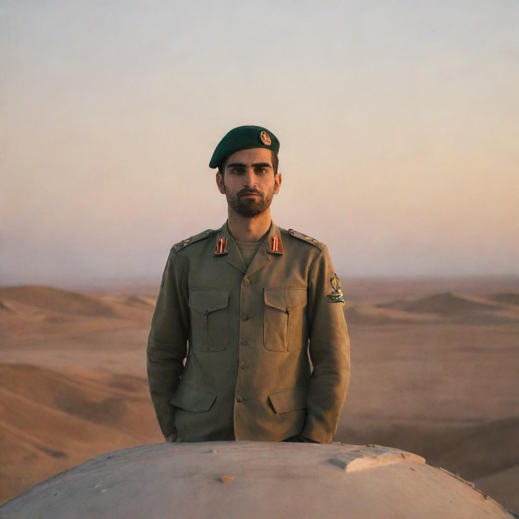 An Iranian soldier in uniform vigilantly standing on a turret with a solemn expression on his face. The background is a calm desert landscape at sunset.