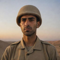 An Iranian soldier in uniform vigilantly standing on a turret with a solemn expression on his face. The background is a calm desert landscape at sunset.