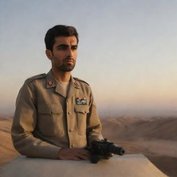 An Iranian soldier in uniform vigilantly standing on a turret with a solemn expression on his face. The background is a calm desert landscape at sunset.