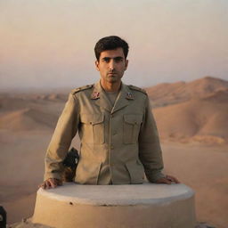 An Iranian soldier in uniform vigilantly standing on a turret with a solemn expression on his face. The background is a calm desert landscape at sunset.