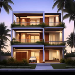 Design the exterior of a home with ground plus two floors, each floor 1200 sq ft with a 600 sq ft balcony, and a smaller third-floor build-up area of 600 sq ft, for a total area of 1800 sq ft.