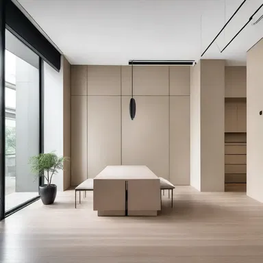 The architect designed the space to have a minimalist and neutral aesthetic, aiming to neutralize any specific cultural references and appeal to a wide range of clients.