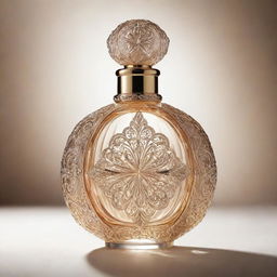 A delicate and elegant perfume bottle shining in the light, with intricate design elements and filled with a mysterious, shimmering liquid.