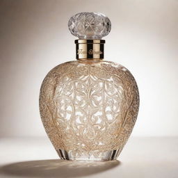 A delicate and elegant perfume bottle shining in the light, with intricate design elements and filled with a mysterious, shimmering liquid.