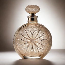 A delicate and elegant perfume bottle shining in the light, with intricate design elements and filled with a mysterious, shimmering liquid.