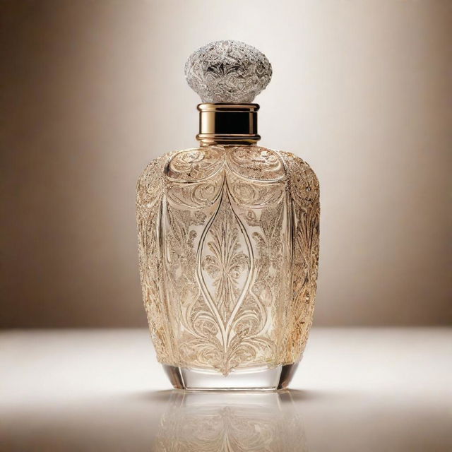 A delicate and elegant perfume bottle shining in the light, with intricate design elements and filled with a mysterious, shimmering liquid.