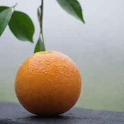 A closeup shot of a ripe orange with misty background.