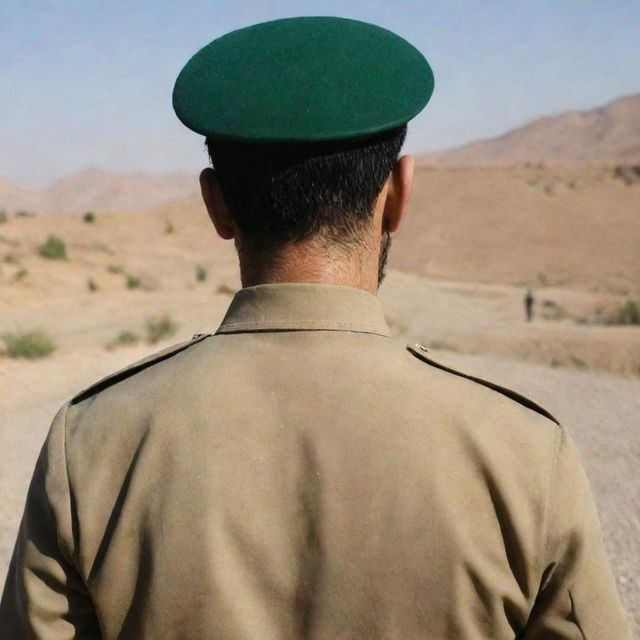 A view from behind of an Iranian soldier standing tall in his military uniform.