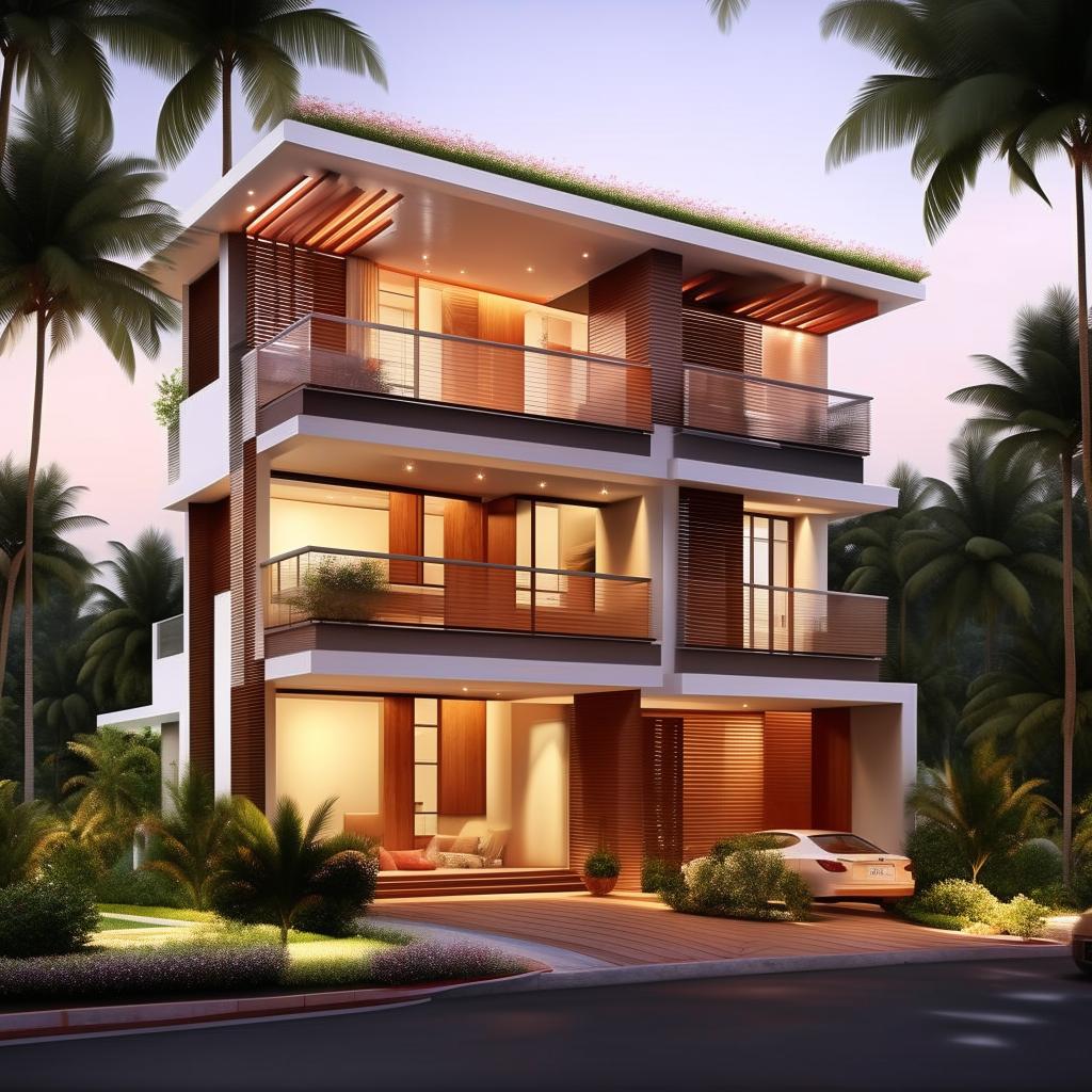 Design the exterior of a home with ground plus two floors, each floor 1200 sq ft with a 600 sq ft balcony, and a smaller third-floor build-up area of 600 sq ft, for a total area of 1800 sq ft.