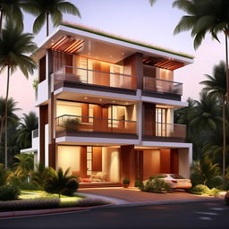 Design the exterior of a home with ground plus two floors, each floor 1200 sq ft with a 600 sq ft balcony, and a smaller third-floor build-up area of 600 sq ft, for a total area of 1800 sq ft.