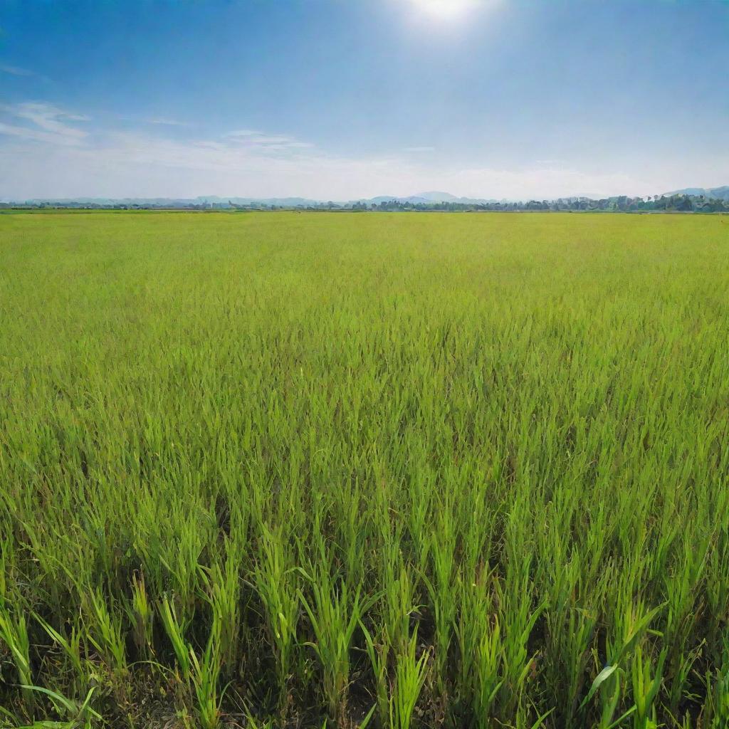 Generate an image of a lush, green paddy field, bathed in warm sunlight, with a clear blue sky overhead and a calm breeze rustling the stalks of rice.