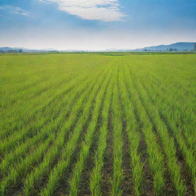 Generate an image of a lush, green paddy field, bathed in warm sunlight, with a clear blue sky overhead and a calm breeze rustling the stalks of rice.