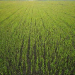 Generate an image of a lush, green paddy field, bathed in warm sunlight, with a clear blue sky overhead and a calm breeze rustling the stalks of rice.