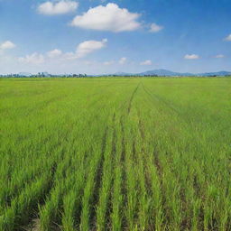 Generate an image of a lush, green paddy field, bathed in warm sunlight, with a clear blue sky overhead and a calm breeze rustling the stalks of rice.