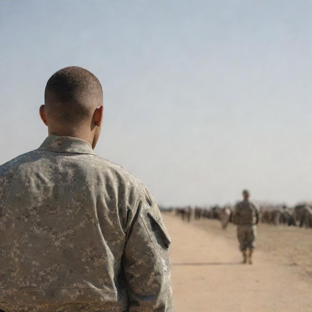 An army soldier viewed from a distance, showcasing both front and back perspectives.