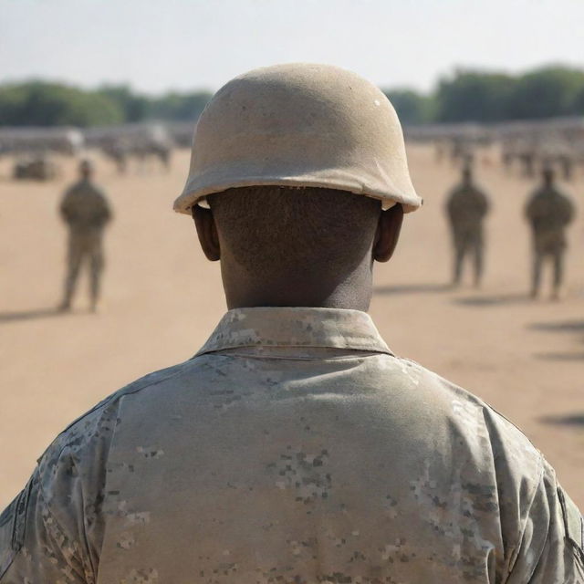 An army soldier viewed from a distance, showcasing both front and back perspectives.