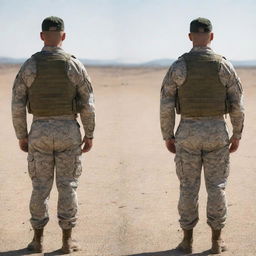 An army soldier viewed from a distance, showcasing both front and back perspectives.