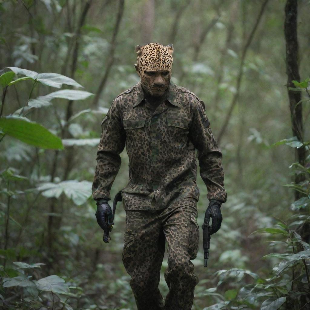 A distant view of a soldier clad in a leopard patterned camo suit, stealthily moving in a dense jungle.