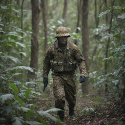 A distant view of a soldier clad in a leopard patterned camo suit, stealthily moving in a dense jungle.