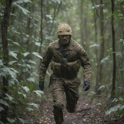 A distant view of a soldier clad in a leopard patterned camo suit, stealthily moving in a dense jungle.