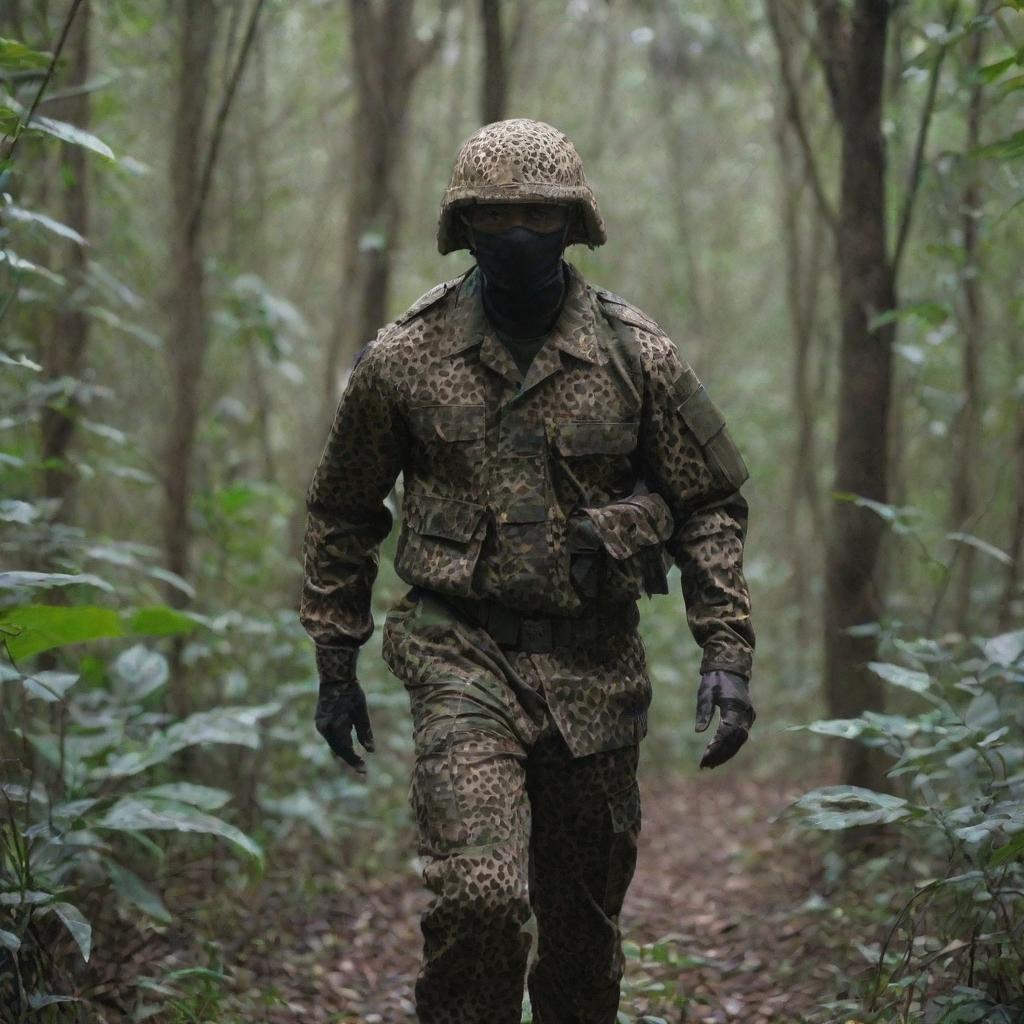 A distant view of a soldier clad in a leopard patterned camo suit, stealthily moving in a dense jungle.