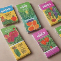 Create a vibrant and enticing design for an edible seed package, showcasing colorful illustrations of plants and a clear, bold typography displaying the seed variety.