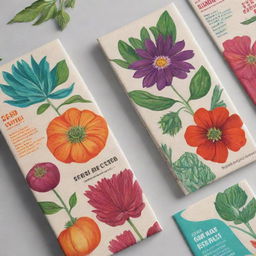 Create a vibrant and enticing design for an edible seed package, showcasing colorful illustrations of plants and a clear, bold typography displaying the seed variety.