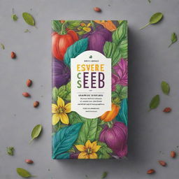 Create a vibrant and enticing design for an edible seed package, showcasing colorful illustrations of plants and a clear, bold typography displaying the seed variety.