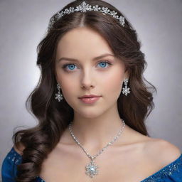 A girl boasting blue eyes and a round face with detailed, attractive features. She has dark brown hair and is adorned in a crystal-embedded, blue gown. On her neck, she wears a crystal snowflake locket chain.