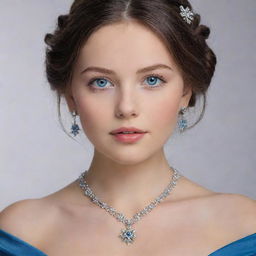 A girl boasting blue eyes and a round face with detailed, attractive features. She has dark brown hair and is adorned in a crystal-embedded, blue gown. On her neck, she wears a crystal snowflake locket chain.