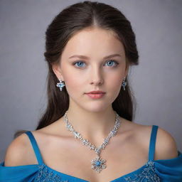 A girl boasting blue eyes and a round face with detailed, attractive features. She has dark brown hair and is adorned in a crystal-embedded, blue gown. On her neck, she wears a crystal snowflake locket chain.