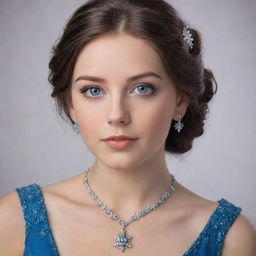 A girl boasting blue eyes and a round face with detailed, attractive features. She has dark brown hair and is adorned in a crystal-embedded, blue gown. On her neck, she wears a crystal snowflake locket chain.