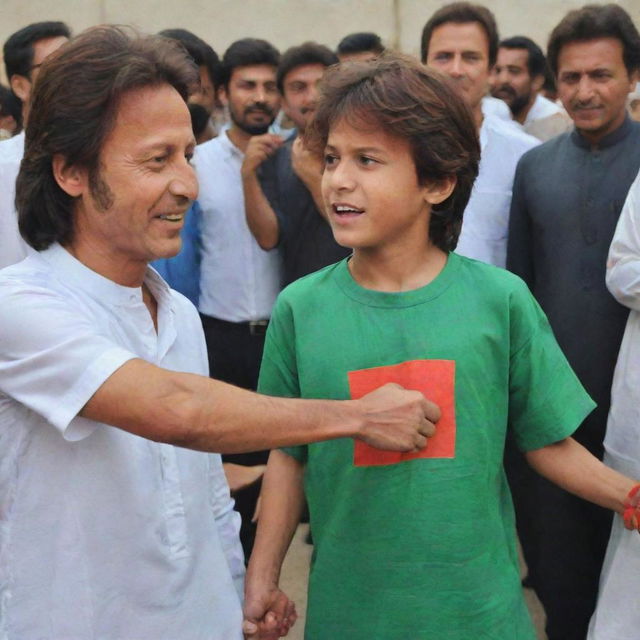 A boy wearing a shirt adorned with the PTI flag, the name 'Sami' displayed on the back, shaking hands with Imran Khan.