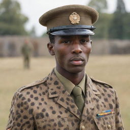 A soldier wearing a distinctive leopard print uniform, viewed from a distance. Background is subtly blurred to draw focus on the soldier.