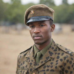 A soldier wearing a distinctive leopard print uniform, viewed from a distance. Background is subtly blurred to draw focus on the soldier.