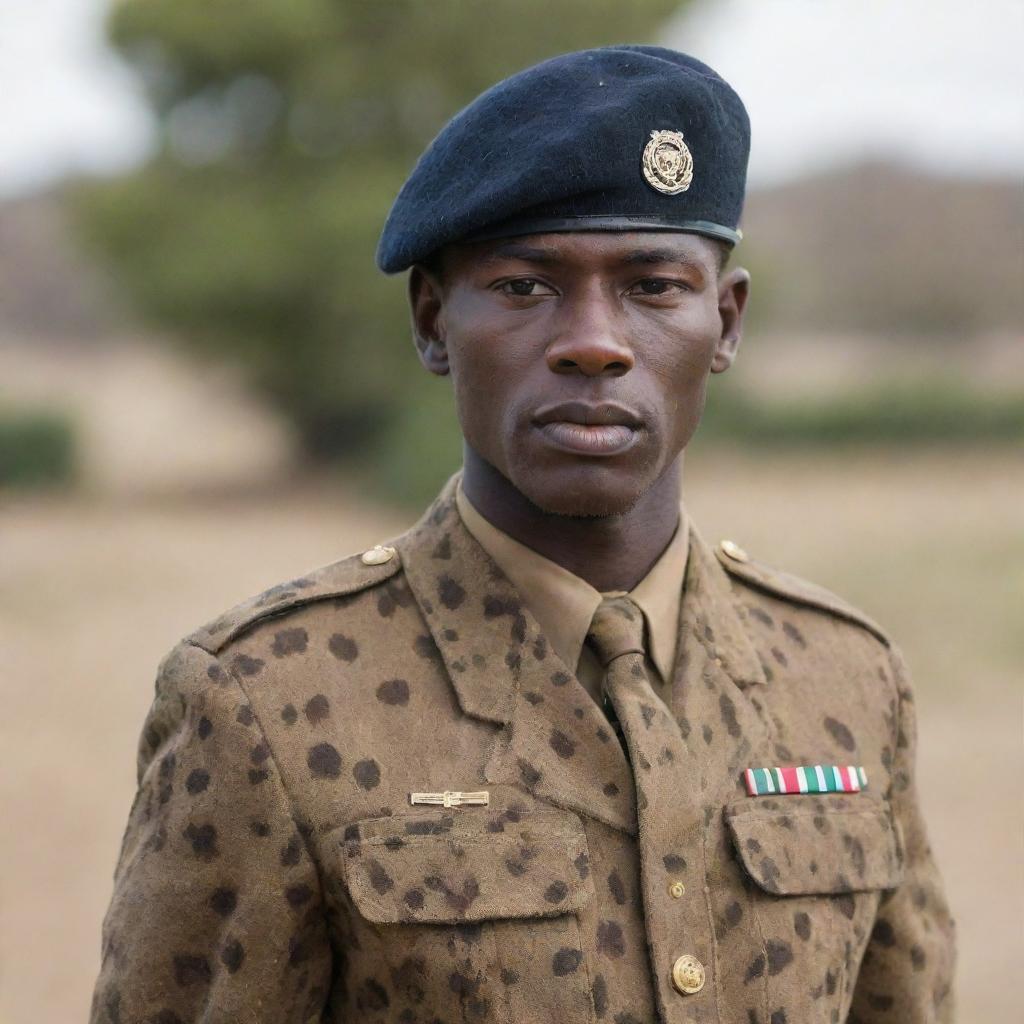 A soldier wearing a distinctive leopard print uniform, viewed from a distance. Background is subtly blurred to draw focus on the soldier.