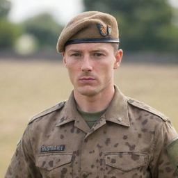 A soldier wearing a distinctive leopard print uniform, viewed from a distance. Background is subtly blurred to draw focus on the soldier.