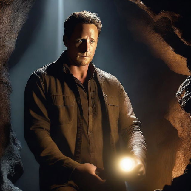 A high-quality digital art piece showing the actor Cole Hauser, meticulously detailed and lifelike, exploring a dark cave