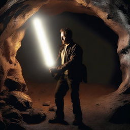 A high-quality digital art piece showing the actor Cole Hauser, meticulously detailed and lifelike, exploring a dark cave