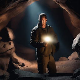 A high-quality digital art piece showing the actor Cole Hauser, meticulously detailed and lifelike, exploring a dark cave