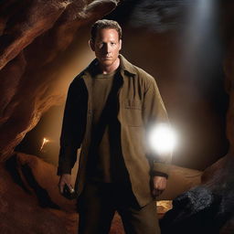 A high-quality digital art piece showing the actor Cole Hauser, meticulously detailed and lifelike, exploring a dark cave